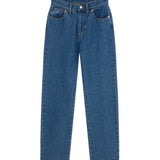 Pantaloni jeans dritti per bambini, in denim blu con patta a cerniera.