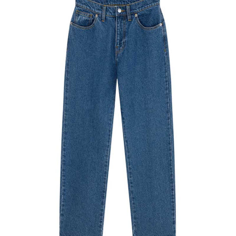 Pantaloni jeans dritti per bambini, in denim blu con patta a cerniera.