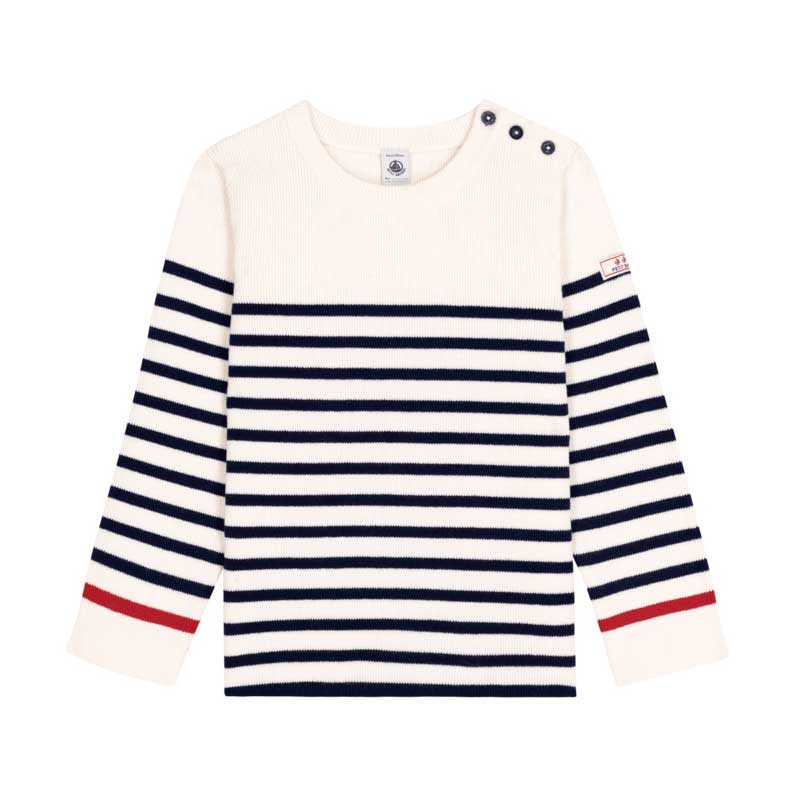 
Sweater from the Petit Bateau Children's Clothing Line in striped wool knit, in the iconic sailo...