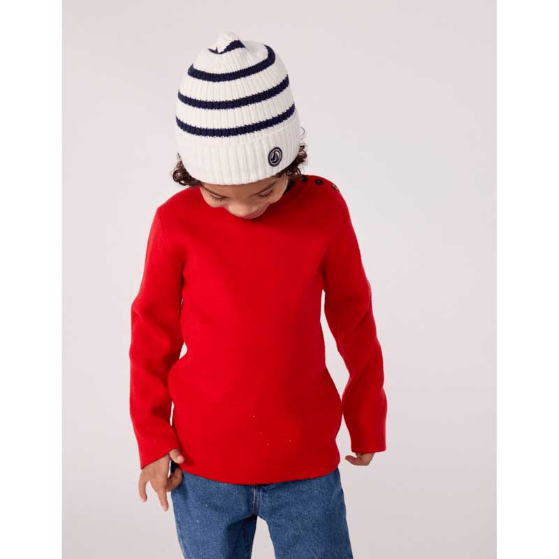 
Pullover from the Petit Bateau Children's Clothing Line in wool knit, in the iconic sailor style...