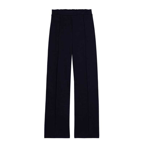 Pantaloni ampi di colore blu scuro, con vita alta e tasche laterali.