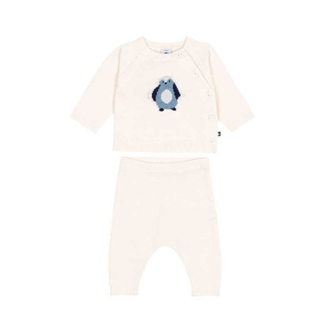 Completo in maglione e pantalone con design a pinguino per bambini, color crema.