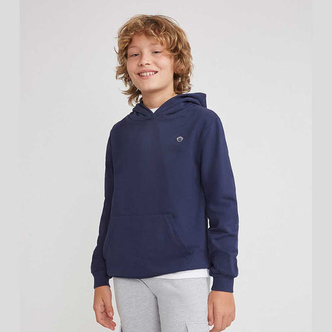 Felpa con cappuccio blu navy da bambino con tasca frontale e logo piccolo sul petto