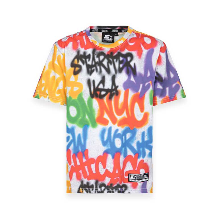 
T-shirt della Linea Abbigliamento Bambino Starter, con fantasia writers all-over, in colori acce...