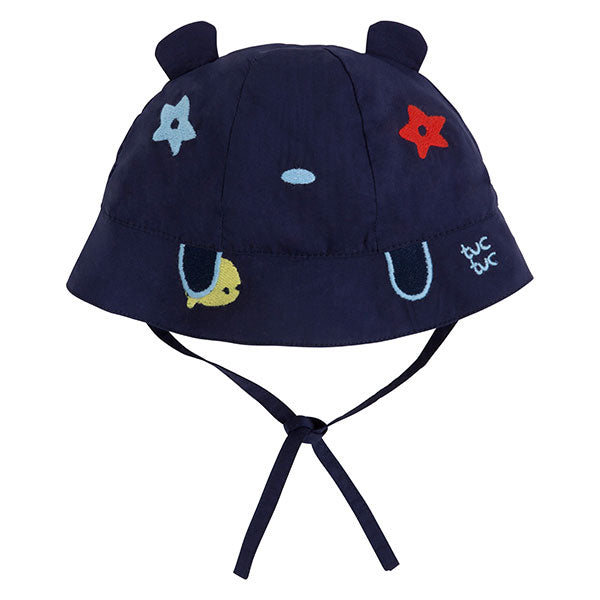 Bonnet de la ligne vêtements fille Tuc Tuc, avec broderies multicolores sur fond bleu et oreilles...