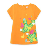 T-shirt arancione con stampa cactus colorati per bambina.