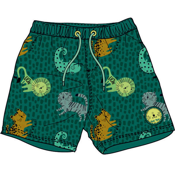 Questi bermuda mare color verde bosco con divertenti stampe di animali sono perfetti per accompag...