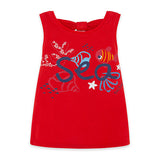 T-shirt senza maniche rossa con stampa colorata per bambina.