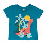 T-shirt verde con stampa colorata di un dinosauro per bambini.