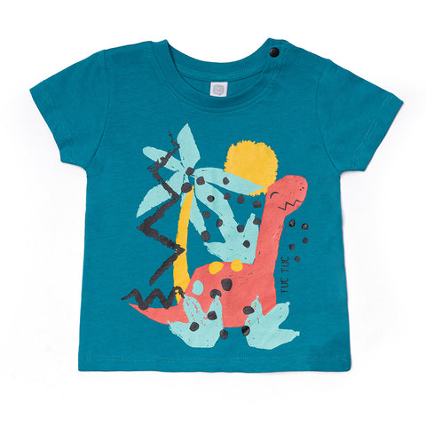 T-shirt verde con stampa colorata di un dinosauro per bambini.
