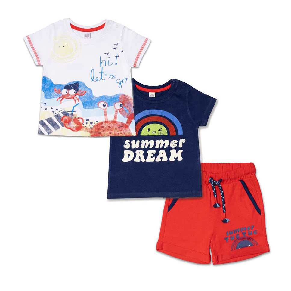 Completo della Linea Abbigliamento Bambino Tuc Tuc, composto di due t-shirt colorate con stampe s...