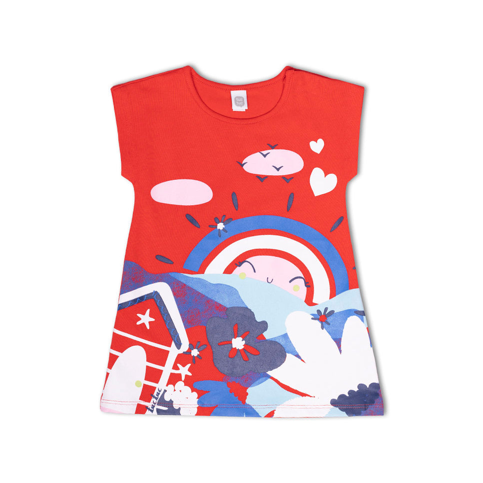 Sea dress from the Tuc Tuc Girls' Clothing Line, with a colorful print on the front on a red back...