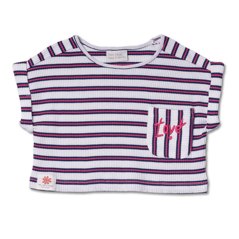 T-shirt a righe per bambina con ricamo 'Love' sul taschino.