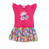 Abito bambina con fiocco rosa con stampa fiori multicolore su gonna ampia