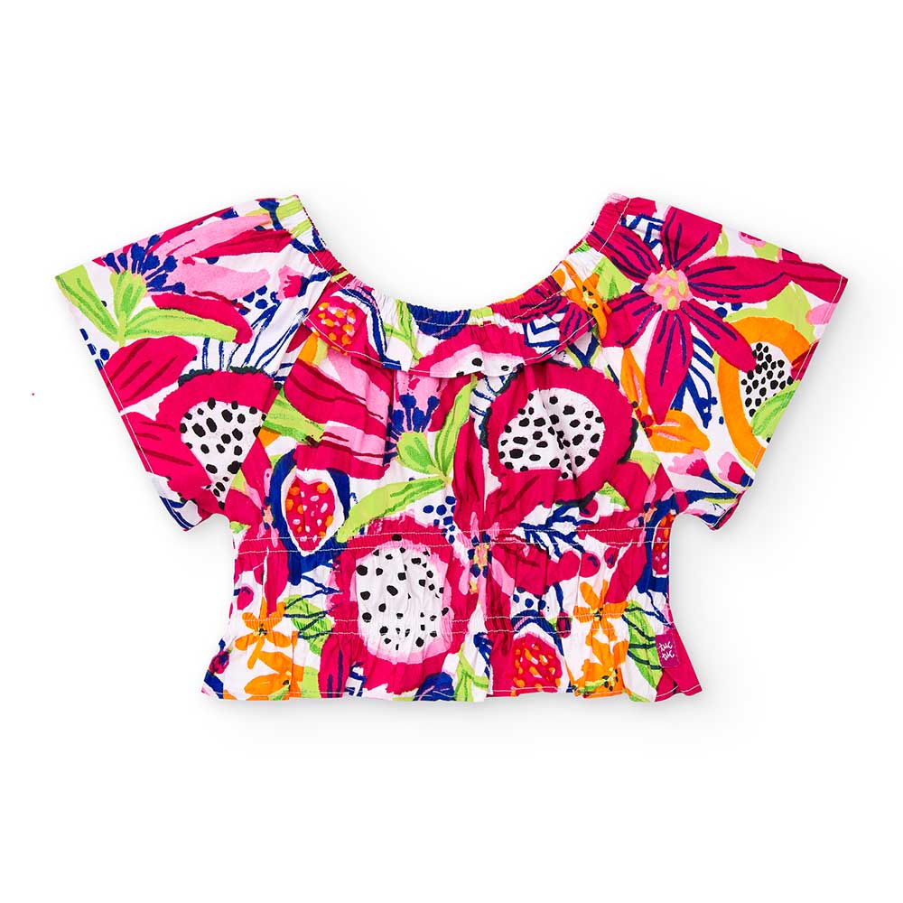 Top in poplin from the Tuc Tuc Girls' Clothing Line, featuring a boat neckline and an elastic wai...