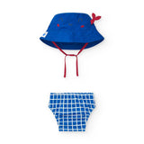 Set cappello secchiello blu con volto sorridente e mutandina blu a quadri bianchi per bambino