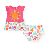 Completo rosa con top con sole arancione e bloomers con stampa colorata su sfondo bianco