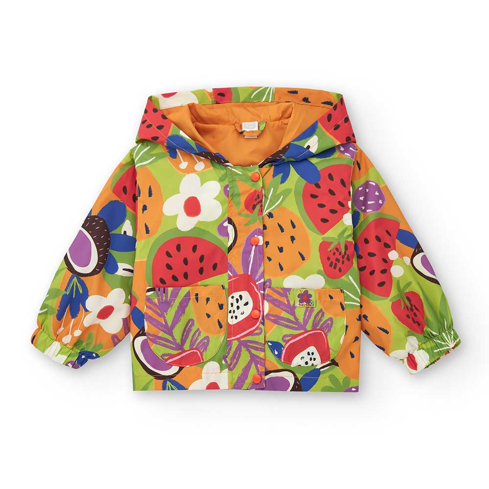 Giubbotto antivento della Linea Abbigliamento Bambina Tuc Tuc, con cappuccio e fantasia tropicale...