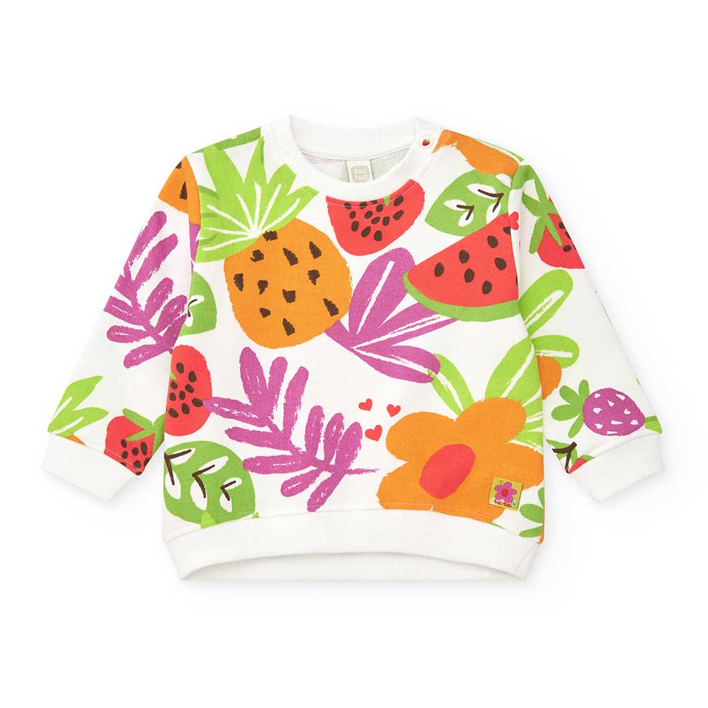 Sweatshirt aus der Tuc Tuc Girls' Clothing Line, mit Druckknöpfen am Schultergurt und tropischem ...