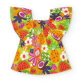 Blusa bambina con maniche a volant e fantasia frutta colorata su sfondo verde lime