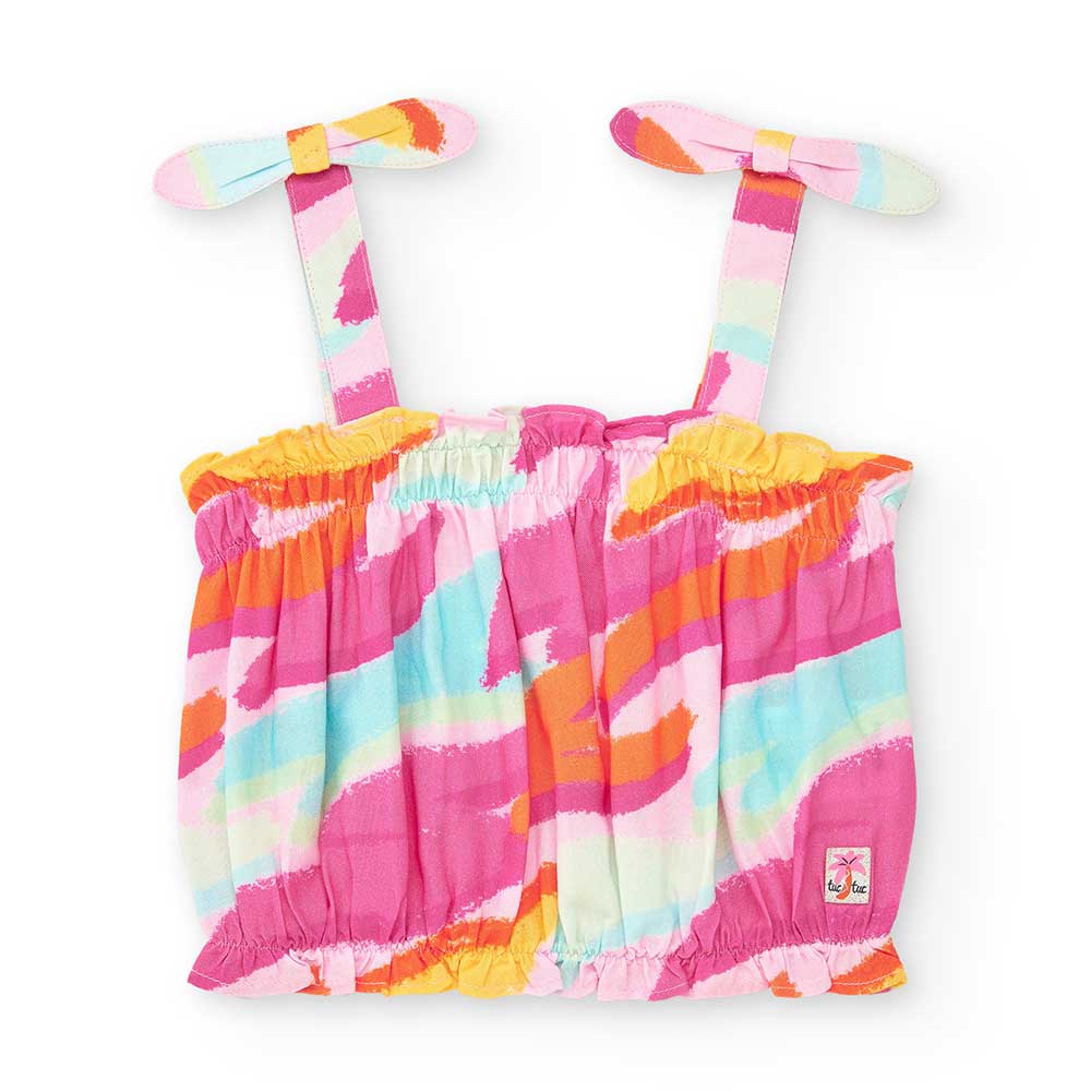 Top con bretelle della Linea Abbigliamento Tuc Tuc Bambina, in colori fluo  con fantasia all-over...