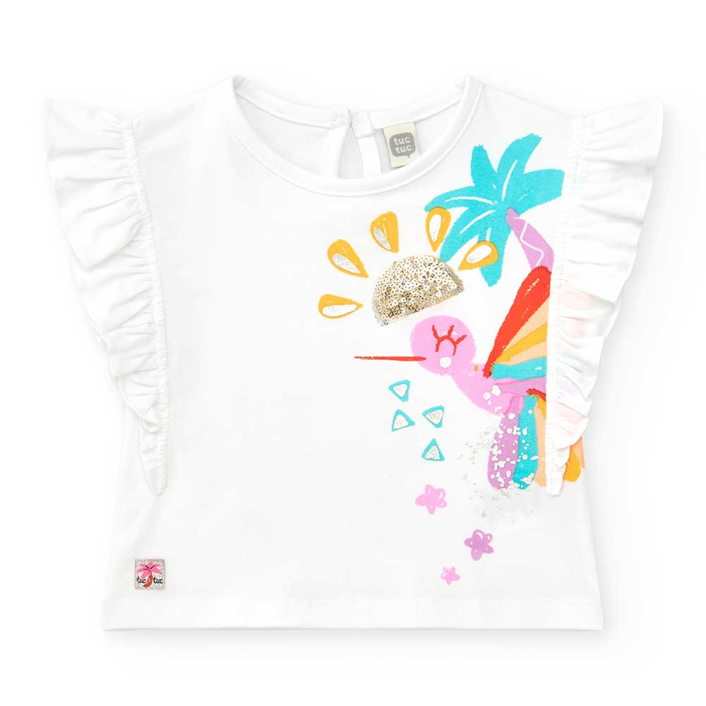 Maglietta della Linea Abbigliamento Tuc Tuc Bambina, con stampa colorata sul davanti e applicazio...