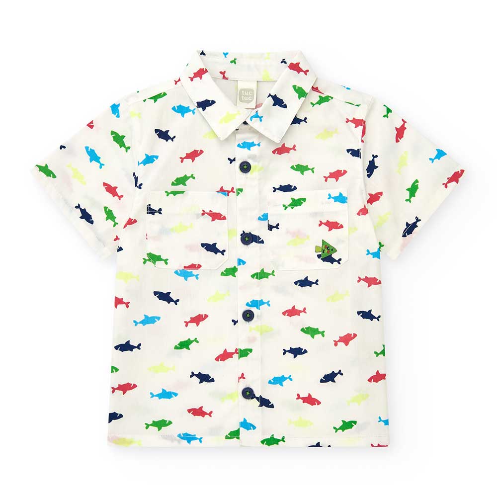 Chemise de la Ligne Vêtements Enfant Tuc Tuc, avec motif de petits requins multicolores. Poches s...