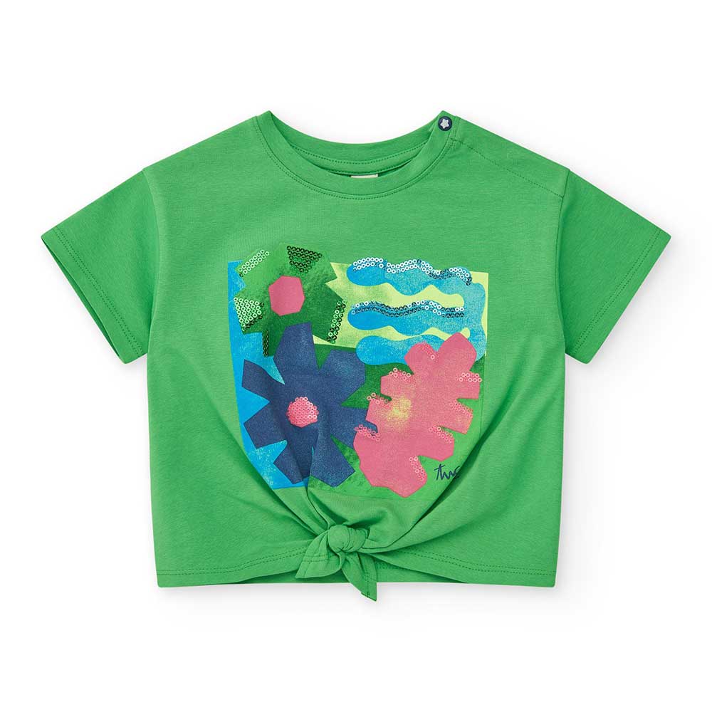 Maglieta della Linea Abbigliamento Bambina Tuc Tuc, con modello corto annodato sul davanti e stam...