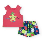 Completo estivo per bambina con canotta rosa e pantaloni multicolor.