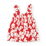Abito smanicato rosso con grandi fiori bianchi e spalline arricciate