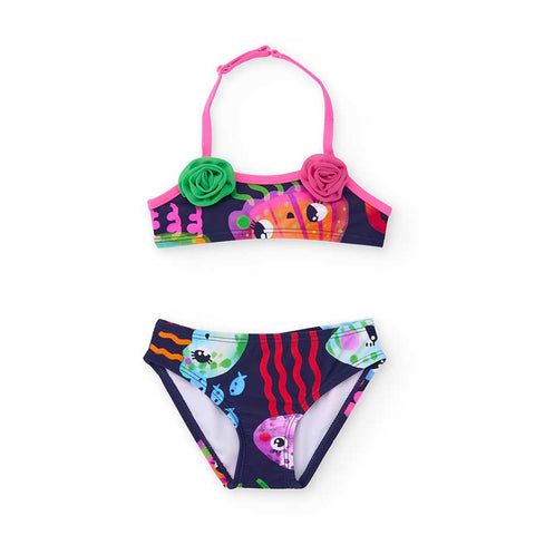 Costume da bagno bikini per bambina con motivi marini e fiori decorativi.