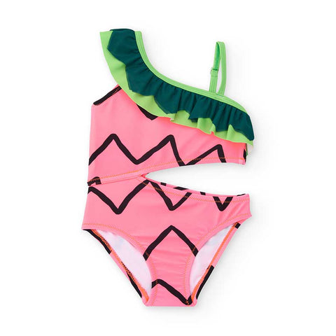 Costume da bagno per bambina, rosa con dettagli in verde e design vivace.
