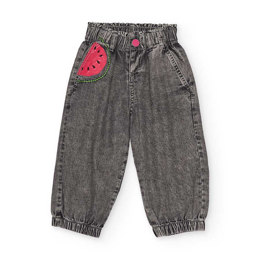 Pantalone denim della Linea Abbigliamento Bambina tuc Tuc, con elastico iun vita e stampa colorat...