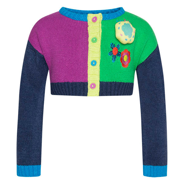 Cardigan avec petits boutons multicolores, broderies et application sur un côté.

TOUT, TISSU SUP...