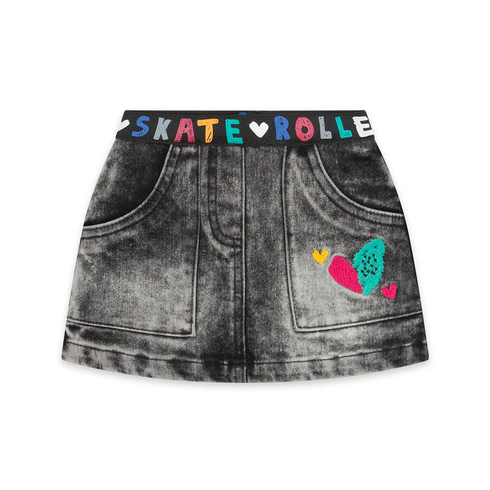 Jupe en jean de la Ligne Vêtements Bmabina Tuc Tuc, avec élastique à la taille et broderies color...