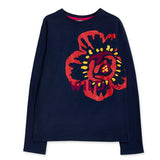 T-shirt maniche lunghe per bambina con disegno floreale su fondo scuro.