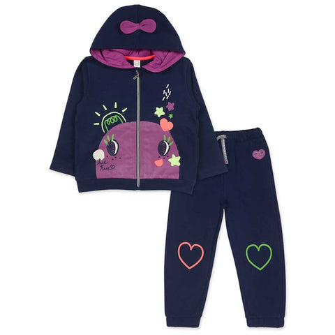 Tuta felpa con cappuccio e pantaloni, color navy con stampe vivaci.