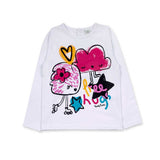 T-shirt lunga bianca con disegni fluo per bambina.