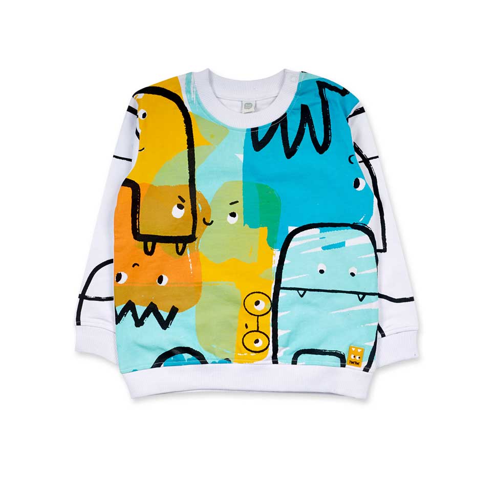 Sweat-shirt de la Ligne Vêtements Enfant Tuc Tuc, avec fond blanc et dessins aux couleurs vives s...