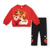 Completo felpa rossa con leggins neri e disegni colorati per bambina.