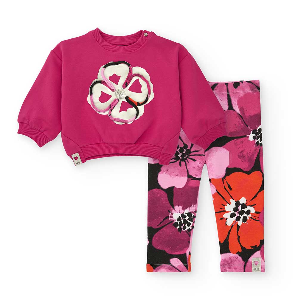 Tuta della Linea Abbigliamento Bambina Tuc Tuc, con felpa a tinta unita con fiore applicato al ce...