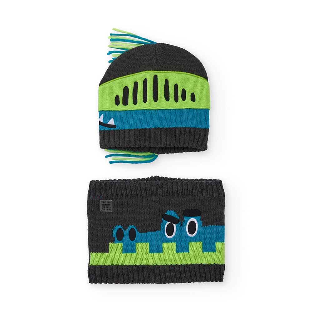 Set of the Children's Clothing Line Tuc Tuc, with a helmet-shaped hat, with fringes on the back a...