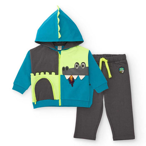 Tuta felpa multicolor con cappuccio e chiusura zip, pantaloni abbinati, design divertente.