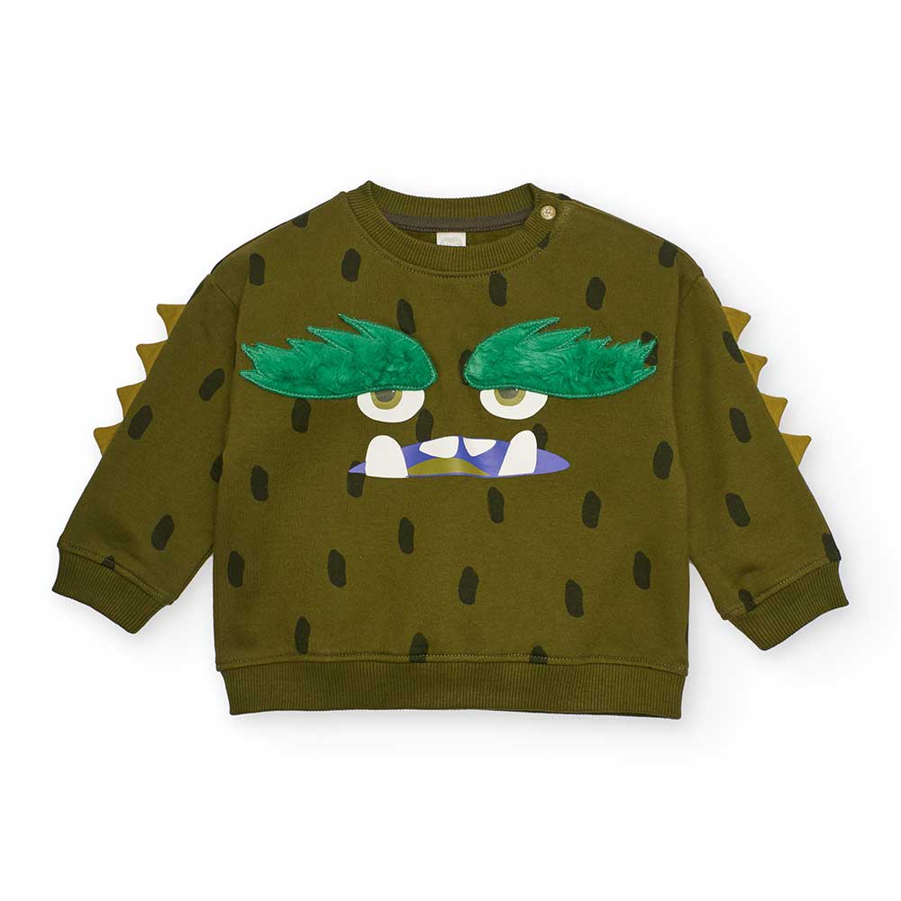 Sweatshirt from the Children's Clothing Line tuc Tuc, featuring a monster with furry eyebrows pri...