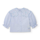 Camicia celeste manica lunga con colletto grande a fiore ricamato per bambina