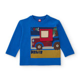 T-shirt manica lunga blu con stampa camion colorato e dettagli rossi per bambino