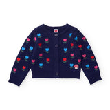 Cardigan blu con motivo di fiori rosa, rossi e azzurri su tutta la superficie