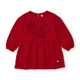 Vestito rosso manica lunga con decorazioni floreali in rilievo davanti