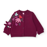 Cardigan bordeaux con bottoni e decorazioni floreali colorate su manica e parte frontale