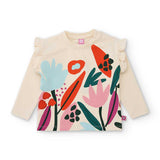 Maglia manica lunga color panna con stampa floreale colorata e maniche arricciate